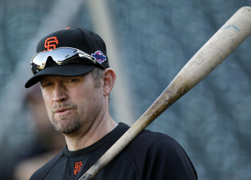 The Giants don't seem eager to associate themselves with Aubrey Huff these days. (AP Photo/Eric Risberg)