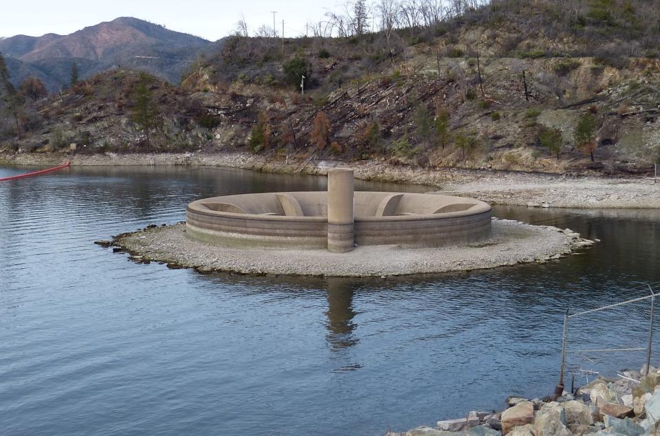 The Glory Hole at Whiskeytown Lake, seen Jan. 11, 2024, is an emergency overflow to prevent water from spilling over the top of Whiskeytown Dam.