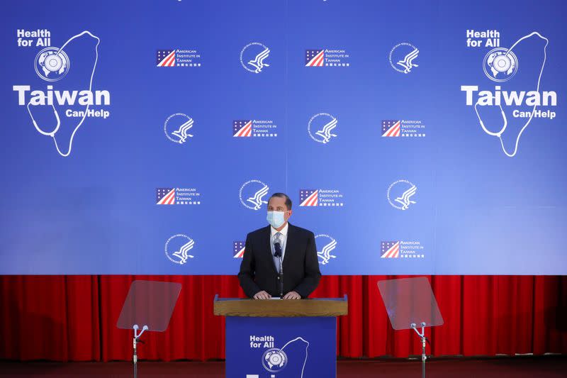 U.S. Secretary of Health and Human Services Alex Azar gives a speech at a university in Taipei