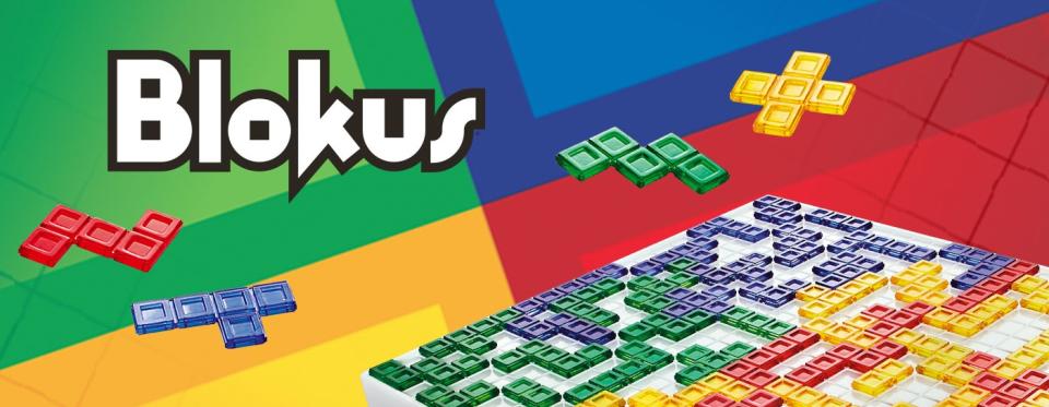 Blokus box design with colored pieces and game board.