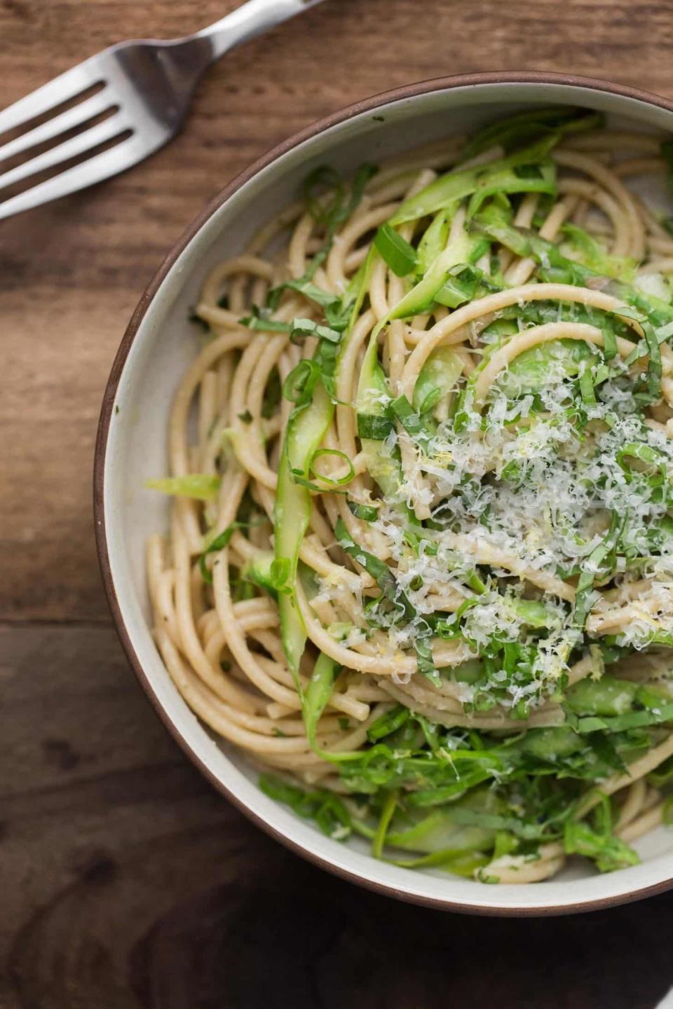 <strong>Get the <a href="https://naturallyella.com/asparagus-spring-pasta/" target="_blank">Spring Pasta with Shaved Asparagus</a> recipe from Naturally Ella</strong>