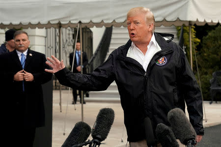 FILE PHOTO: U.S. President Donald Trump talks to the media on the South Lawn of the White House in Washington, U.S., before his departure to California, November 17, 2018. REUTERS/Yuri Gripas/File Photo