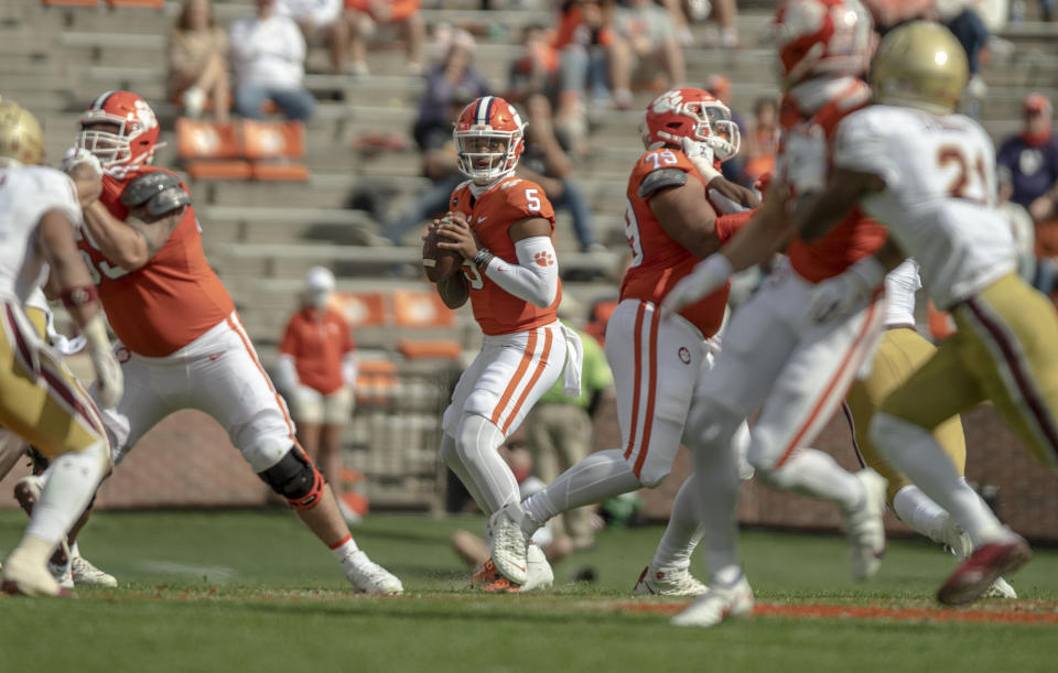 Clemson quarterback D.J. Uiagalelei (5) drops back to pass during the first half of an NCAA college football game against Boston College on Oct. 31. (AP)