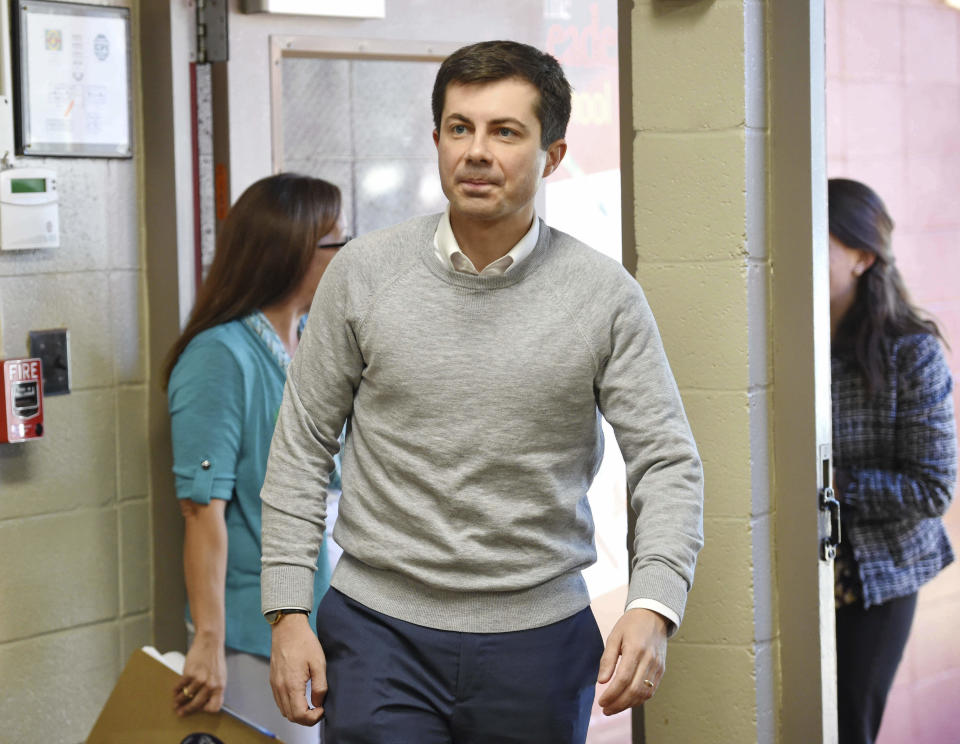 FILE - In this March 23, 2019, file photo, South Bend Mayor Pete Buttigieg arrives to speak about his presidential run during the Democratic monthly breakfast at the Circle of Friends Community Center in Greenville, S.C. Financial support from the LGBT community has helped Buttigieg’s 2020 presidential campaign defy expectations by raking in more than $7 million in just over two months. The money has come from grassroots supporters and big-dollar Hollywood donors who hope Buttigieg will make history _ or at least the summer debate stage. (AP Photo/Richard Shiro, File)