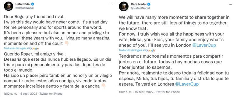 Rafa Nadal le mandó un mensaje a Roger Federer a través de Twitter (Foto: Captura de Twitter)