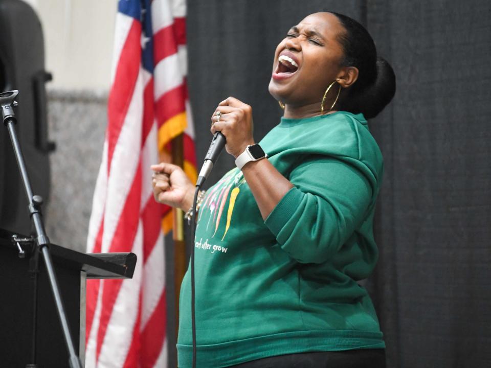 Ebony Taylor performs during the third 'Celebrate Black History Month' celebration inside Jackson City Hall in Jacskon, Tenn., on Friday, Feb. 16, 2024.