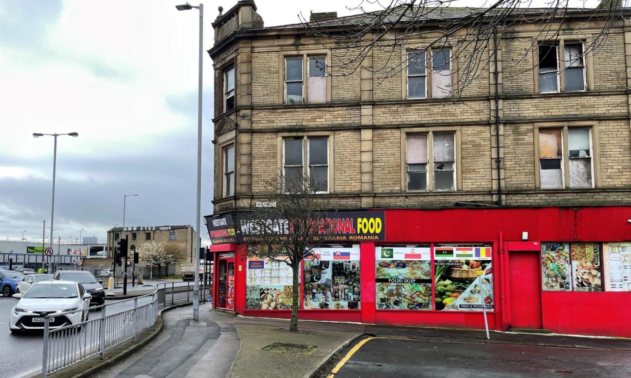 <span>The scene in Bradford city centre where the woman was stabbed to death as she pushed her baby in a pram on Saturday afternoon. </span><span>Photograph: Dave Higgens/PA</span>