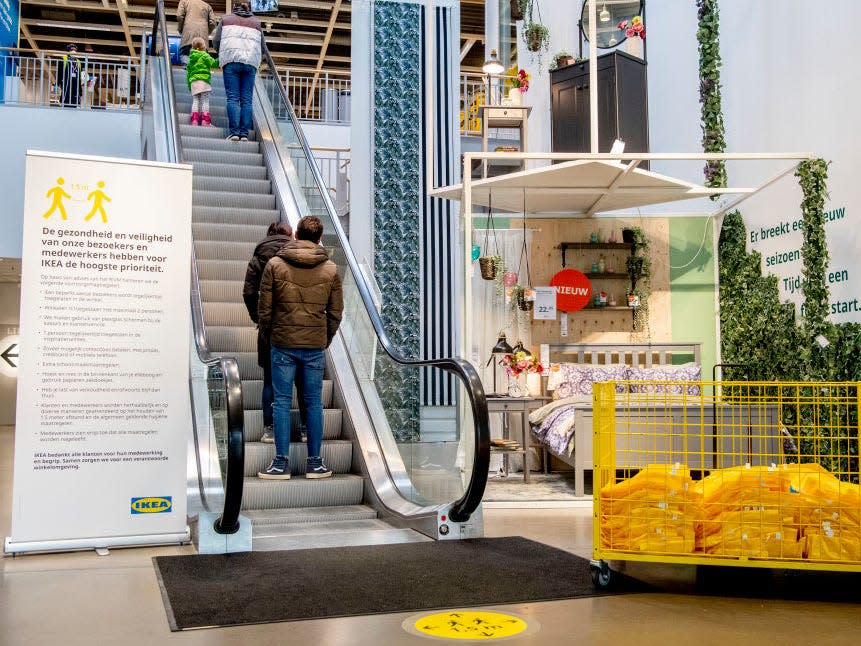 therlands.A sign announcing safety and social distancing guidelines at the entrance to an IKEA in the Ne