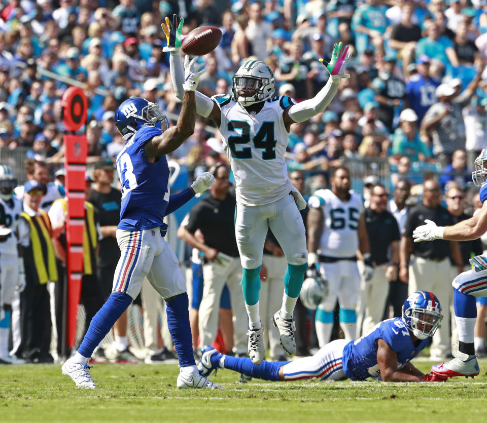 Odell Beckham Jr. threw a long touchdown pass against the Panthers. (AP Photo)