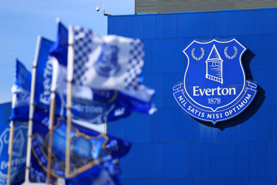 LIVERPOOL, ENGLAND - AUGUST 06: A general view of the Everton badge on the outside of the stadium before the Premier League match between Everton FC and Chelsea FC at Goodison Park on August 6, 2022 in Liverpool, United Kingdom. (Photo by Simon Stacpoole/Offside/Offside via Getty Images)