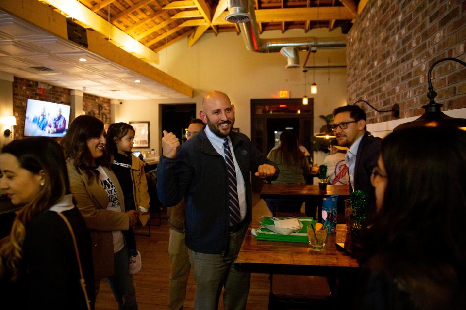 El Paso district attorney candidate James Montoya smiles with his supporters at his election watch party at Papa Doble in El Paso, Texas on March 5, 2024.