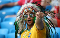 <p>Brazil fan before the match REUTERS/Michael Dalder </p>