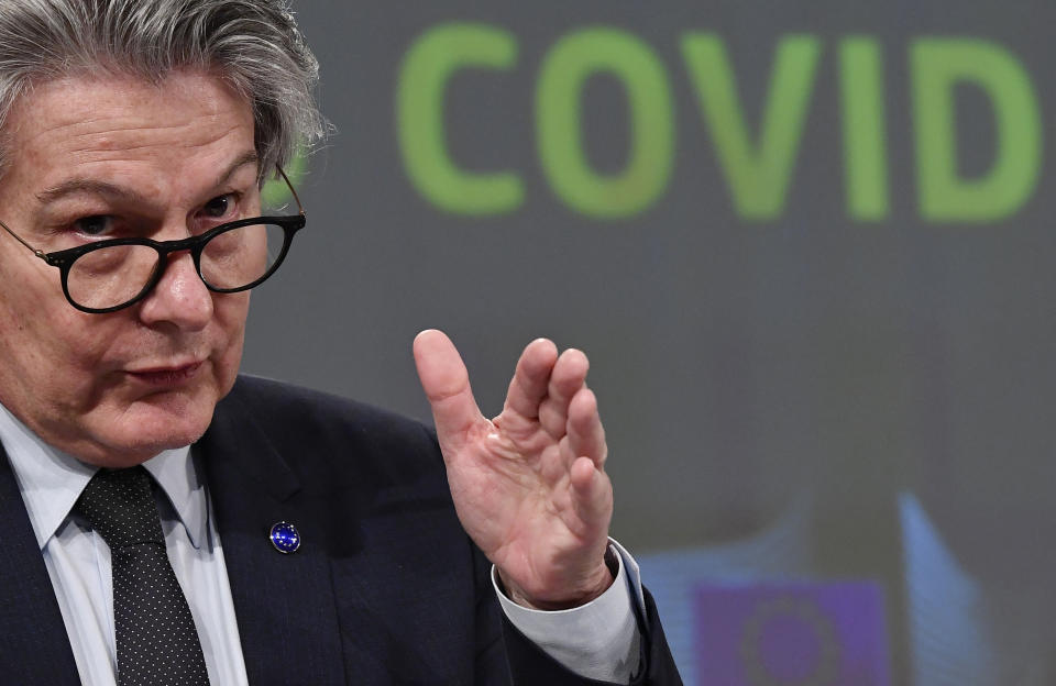 European Commissioner for Internal Market Thierry Breton speaks during a media conference on the Commissions response to COVID-19 at EU headquarters in Brussels, Wednesday, March 17, 2021. The European Commission is proposing Wednesday to create a Digital Green Certificate to facilitate safe free movement inside the EU during the COVID-19 pandemic. (John Thys, Pool via AP)