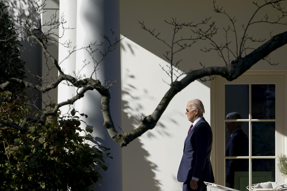 President Joe Biden walks out of the Oval Office and heads to the South Lawn at the White House in Washington, Tuesday, Nov. 14, 2023, to board Marine One as he heads to San Francisco for the Asia-Pacific Economic Cooperation (APEC) summit. (AP Photo/Susan Walsh)