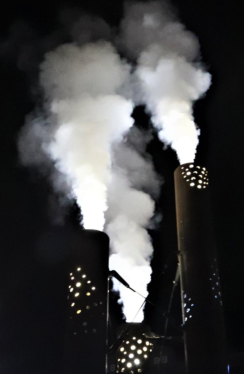 The downtown steam whistle blew its stacks several times Friday evening in celebration of the lighting of Redding's Christmas tree on Friday, Dec. 3, 2021.