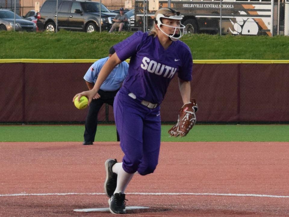 Bloomington South junior Marin Jacobs delivers a pitch during the first inning of the Panthers' first round sectional game against Shelbyville. (Seth Tow/Herald-Times)