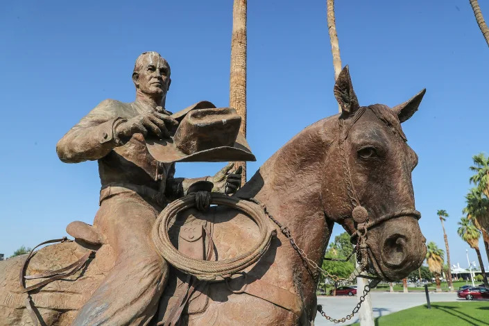 The Frank Bogert statue in front of Palm Springs City Hall, Thursday, August 19, 2021. Bogert served as mayor from 1958 to 1966 and from 1982 to 1988.