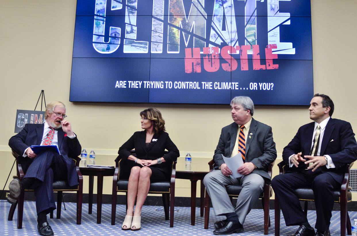 WASHINGTON, DC - APRIL 14: Brent Bozell, Founder and President of the Media Research Center, former Governor Sarah Palin, Dr. David Legates and David Rothbard, Executive Producer of the film and President of CFACT, speak during the &quot;Climate Hustle&quot; panel discussion at the Rayburn House Office Building on April 14, 2016 in Washington, DC. (Kris Connor/Getty Images)
