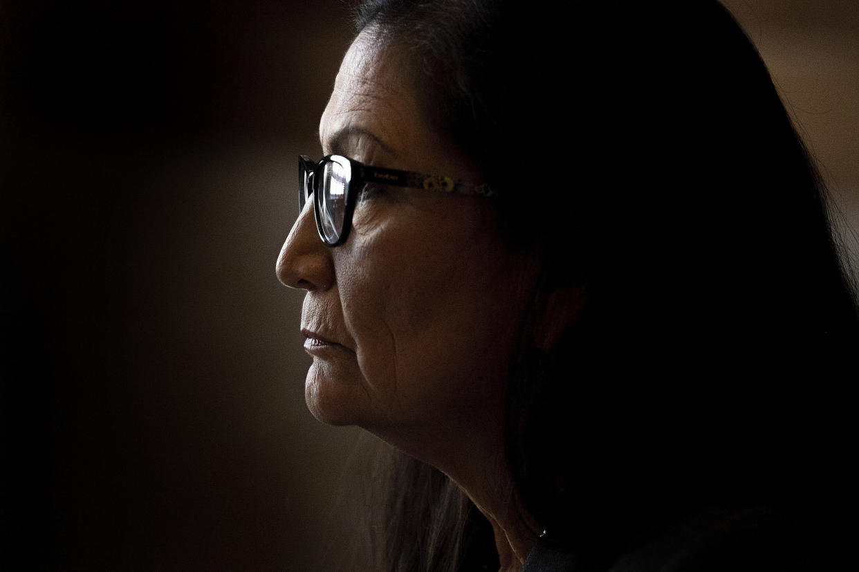 Rep. Deb Haaland (D-N.M.) speaks during a Senate Energy and Natural Resources Committee hearing on Feb. 23 on her nomination as interior secretary. Haaland would become the first Native American to lead the department and the first Native American Cabinet secretary. (Photo: Pool via Getty Images)