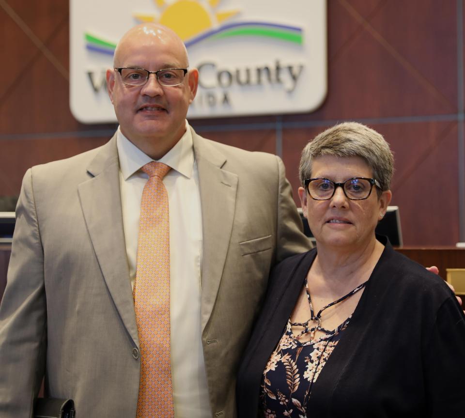 Tim Riddle poses for a photo with wife Lisa after receiving a promotion making him the new director of the Ocean Center on Tuesday, June 16, 2020.