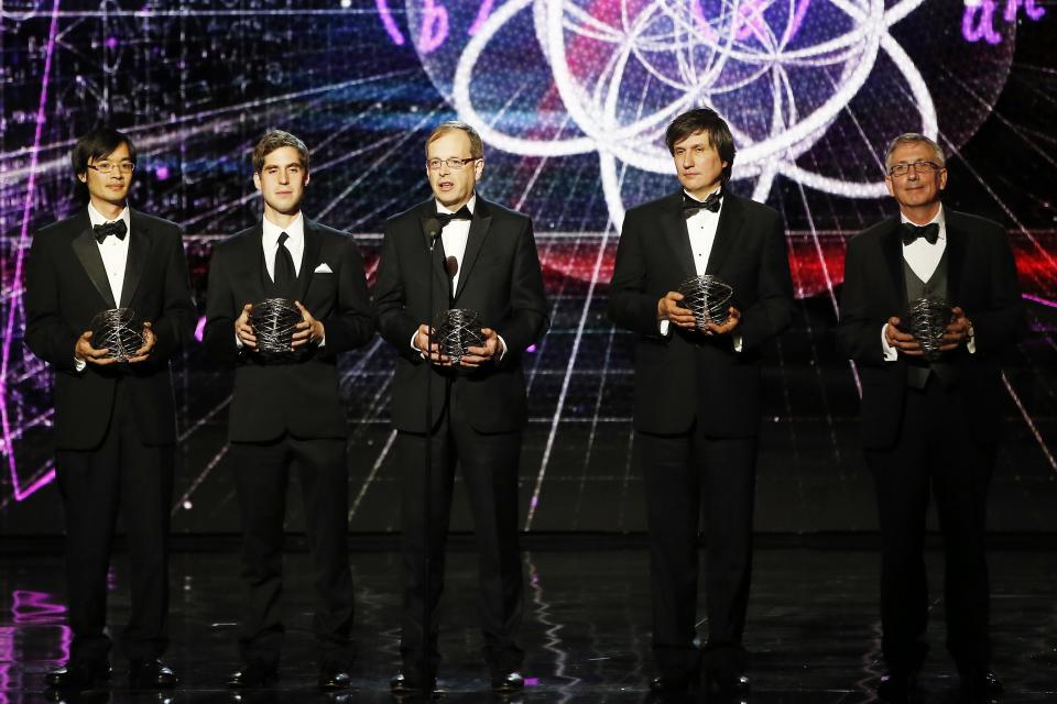 (From L to R) Mathematics laureates Terence Tao, Jacob Lurie, Richard Taylor, Maxim Kontsevich and Simon Donaldson speak on stage during the 2nd annual Breakthrough Prize Awards at the NASA Ames Research Center in Mountain View, California November 9, 2014. REUTERS/Stephen Lam (UNITED STATES - Tags: ENTERTAINMENT SCIENCE TECHNOLOGY)