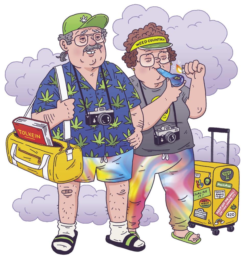Illustration of elderly couple smoking marijuana