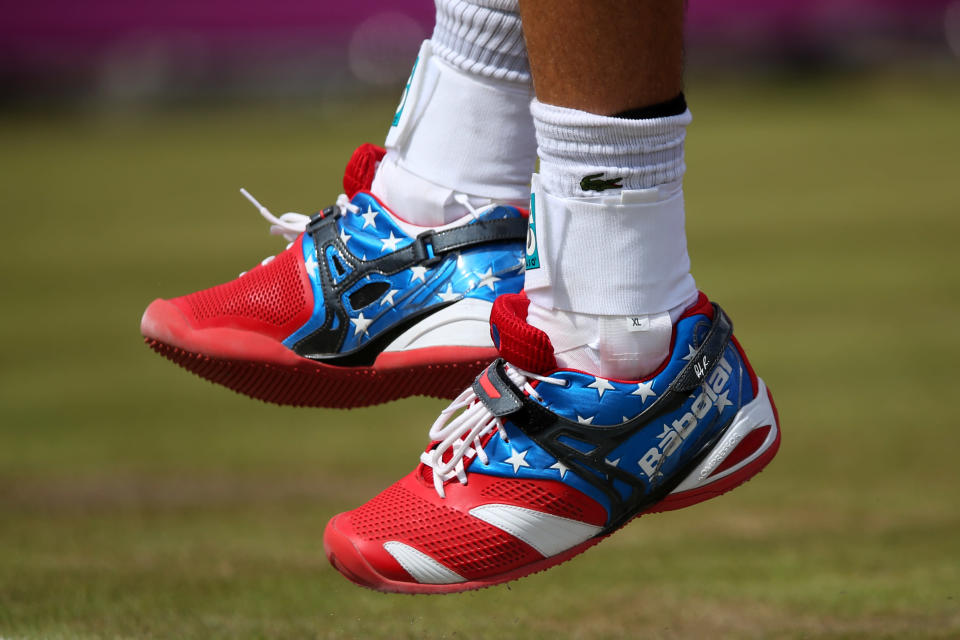 Detail of the shoes of Andy Roddick of the United States on Day 3 of the London 2012 Olympic Games at the All England Lawn Tennis and Croquet Club in Wimbledon on July 30, 2012 in London, England. (Getty Images)