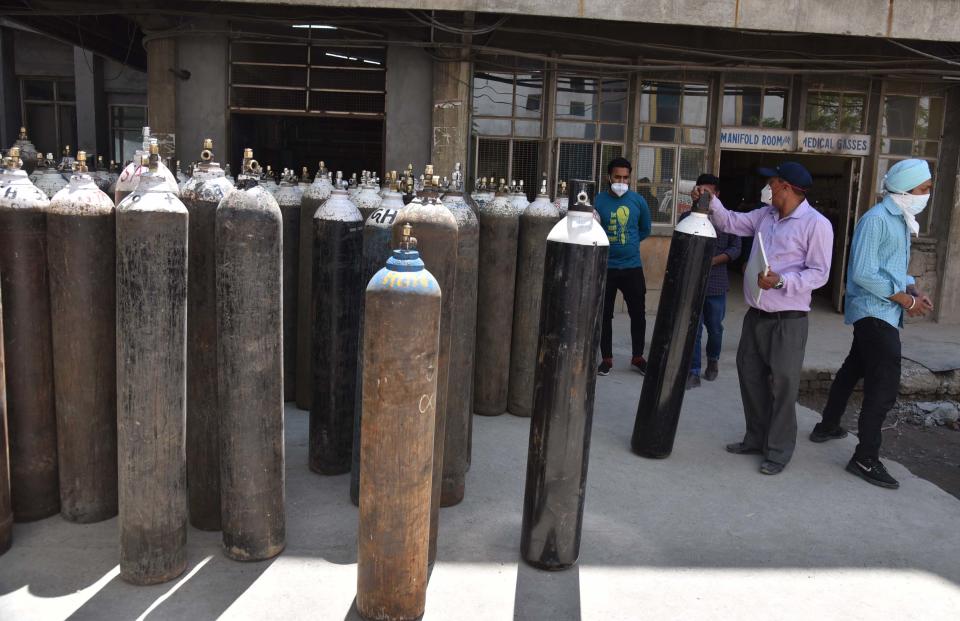 AMRITSAR, INDIA - APRIL 24: Oxygen cylinders stored at Government medical college and hospital (GMCH) which are being used for the treatment of critically ill Covid-19 patients, on April 24, 2021 in Amritsar, India. (Photo by Sameer Sehgal/Hindustan Times via Getty Images)