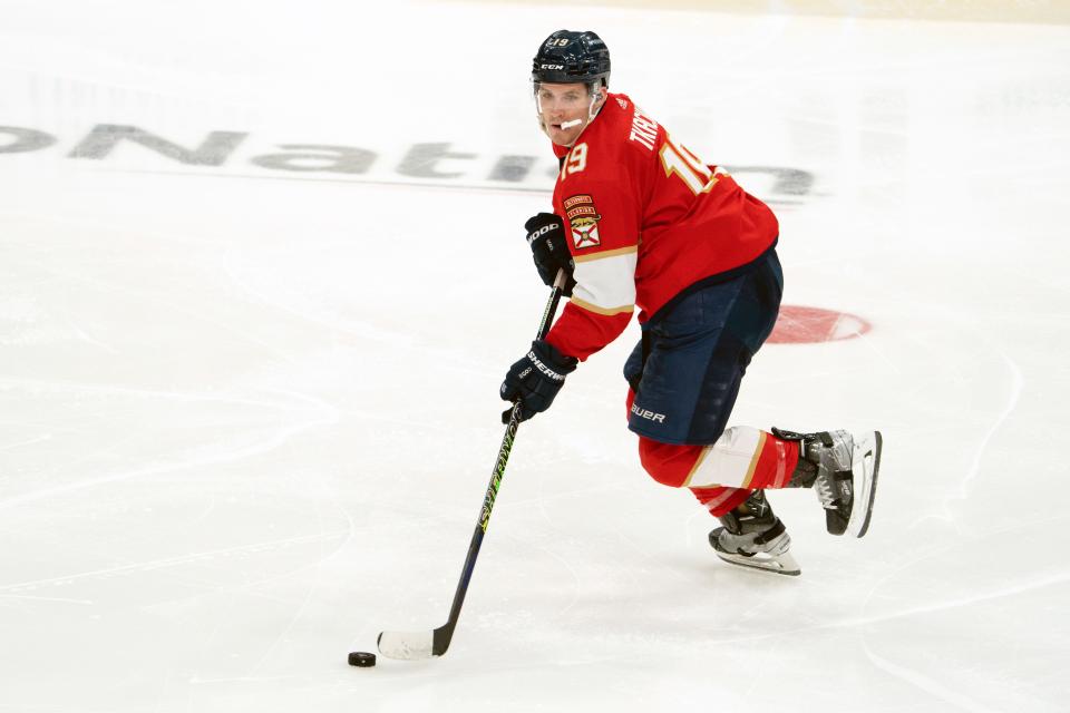 Jan 27, 2023; Sunrise, Florida, USA; Florida Panthers left wing Matthew Tkachuk (19) skates with the puck during the third period against the Los Angeles Kings at FLA Live Arena. Mandatory Credit: Jason Mowry-USA TODAY Sports