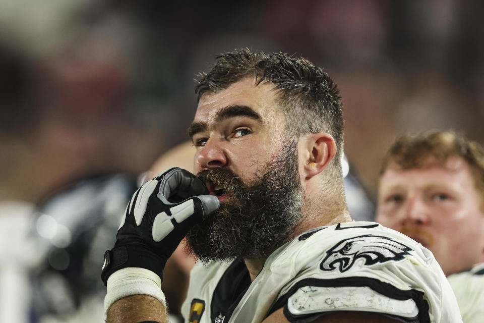 TAMPA, FL – JANUARY 15: Jason Kelce #62 of the Philadelphia Eagles watches from the sidelines during an NFL Wild Card playoff football game against the Tampa Bay Buccaneers at Raymond James Stadium on January 15, 2024 in Tampa, Florida.  (Photo by Perry Knotts/Getty Images)