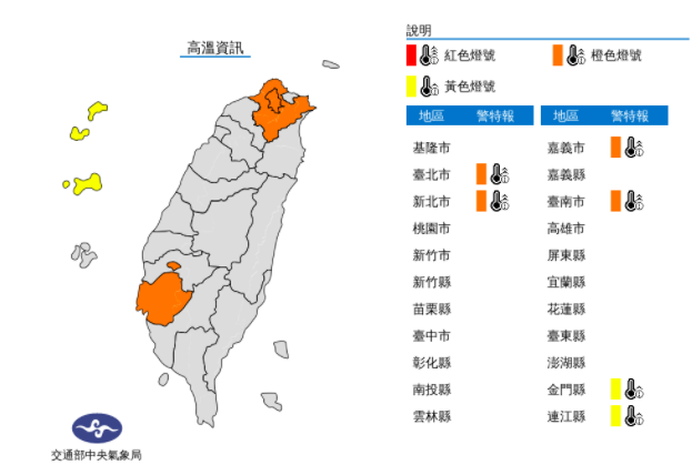 氣象局針對6縣市發布高溫警報。（氣象局提供）