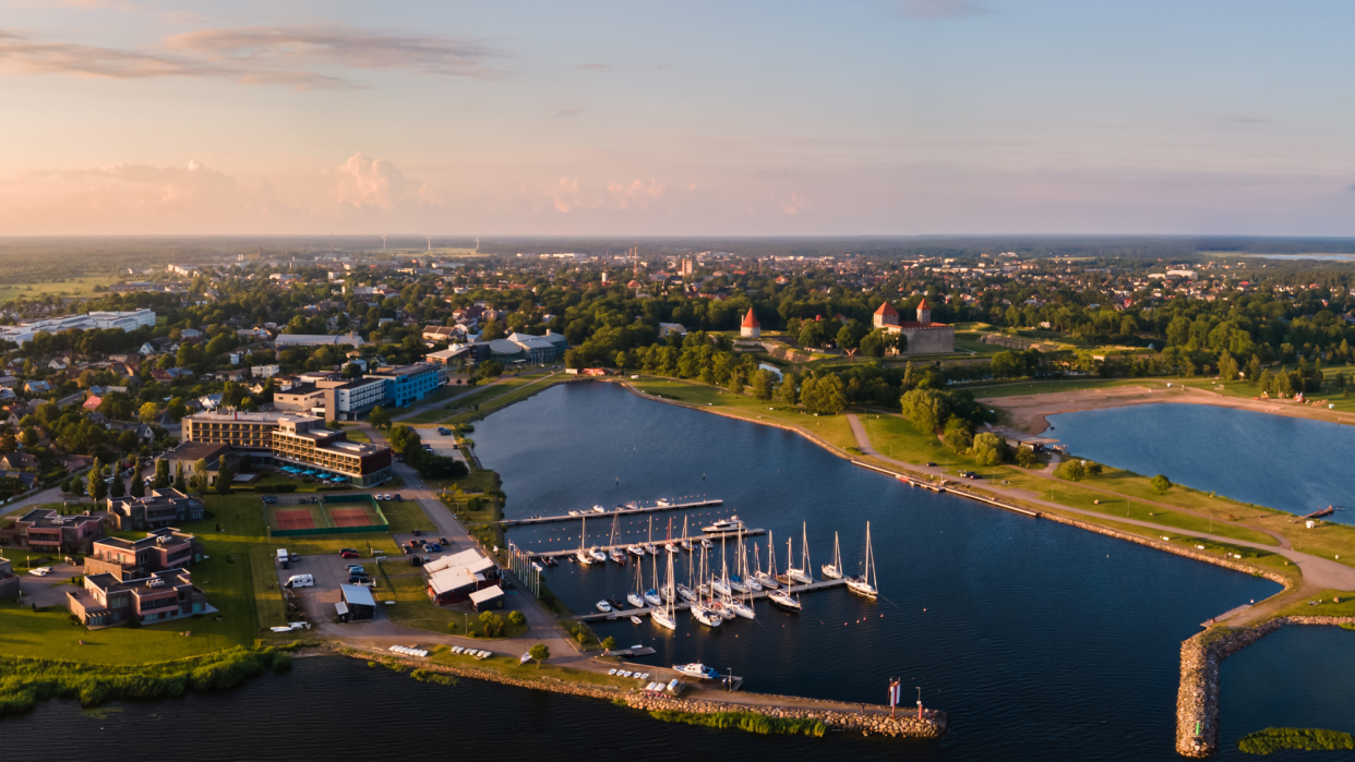  Aerial view of Kuressaare in summer during sunset. 