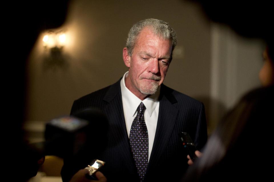 FILE - In this Oct. 8, 2013 file photo, Indianapolis Colts owner Jim Irsay pauses as he speaks to reporters following the NFL owners' fall meetings in Washington. Authorities say Irsay is in jail after being stopped on suspicion of drunken driving. Hamilton County Sheriff's Department Deputy Bryant Orem says Irsay was arrested Sunday night, March 16, 2014, in the northern Indianapolis suburb of Carmel. (AP Photo/Carolyn Kaster, File)