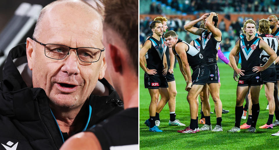 These images show Ken Hinkley and his Port Adelaide players in the AFL.