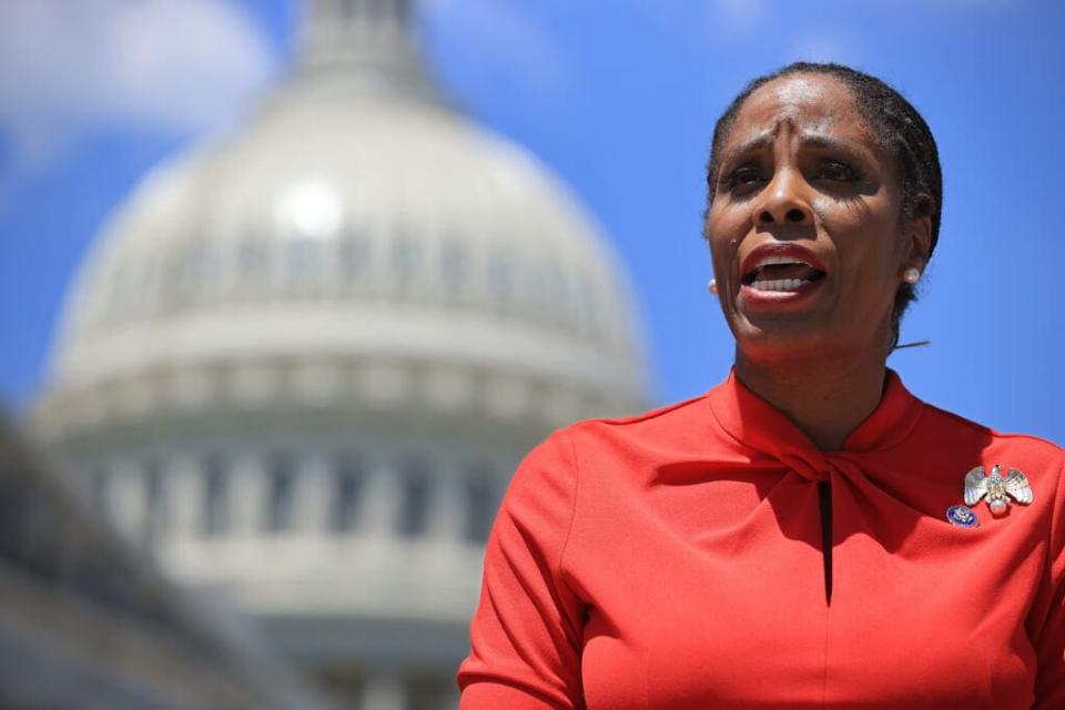 Del. Stacey Plaskett (D-VI) speaks during a news conference with fellow New Democrat Coalition members outside the U.S. Capitol on May 19, 2021 in Washington, DC. (Photo by Chip Somodevilla/Getty Images)