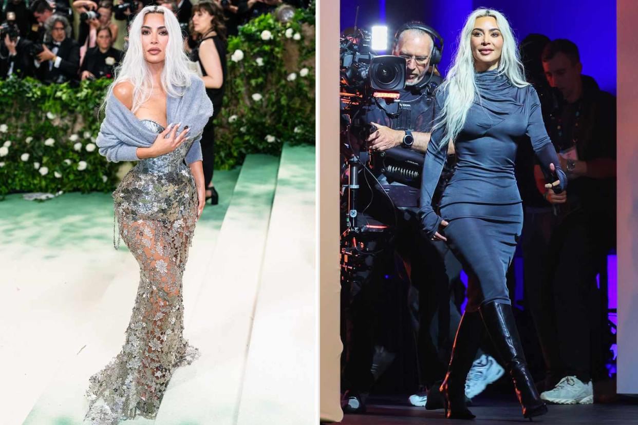 <p>Gotham/Getty ; Christian Charisius/picture alliance via Getty</p> Kim Kardashian at the 2024 Met Gala and OMR conference.