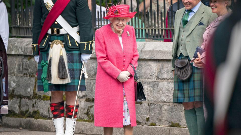 Queen Elizabeth II during an inspection of the Balaklava Company, 5 Battalion The Royal Regiment of Scotland at the gates at Balmoral, as she takes up summer residence at the castle, on August 9, 2021 in Ballater, Aberdeenshire.