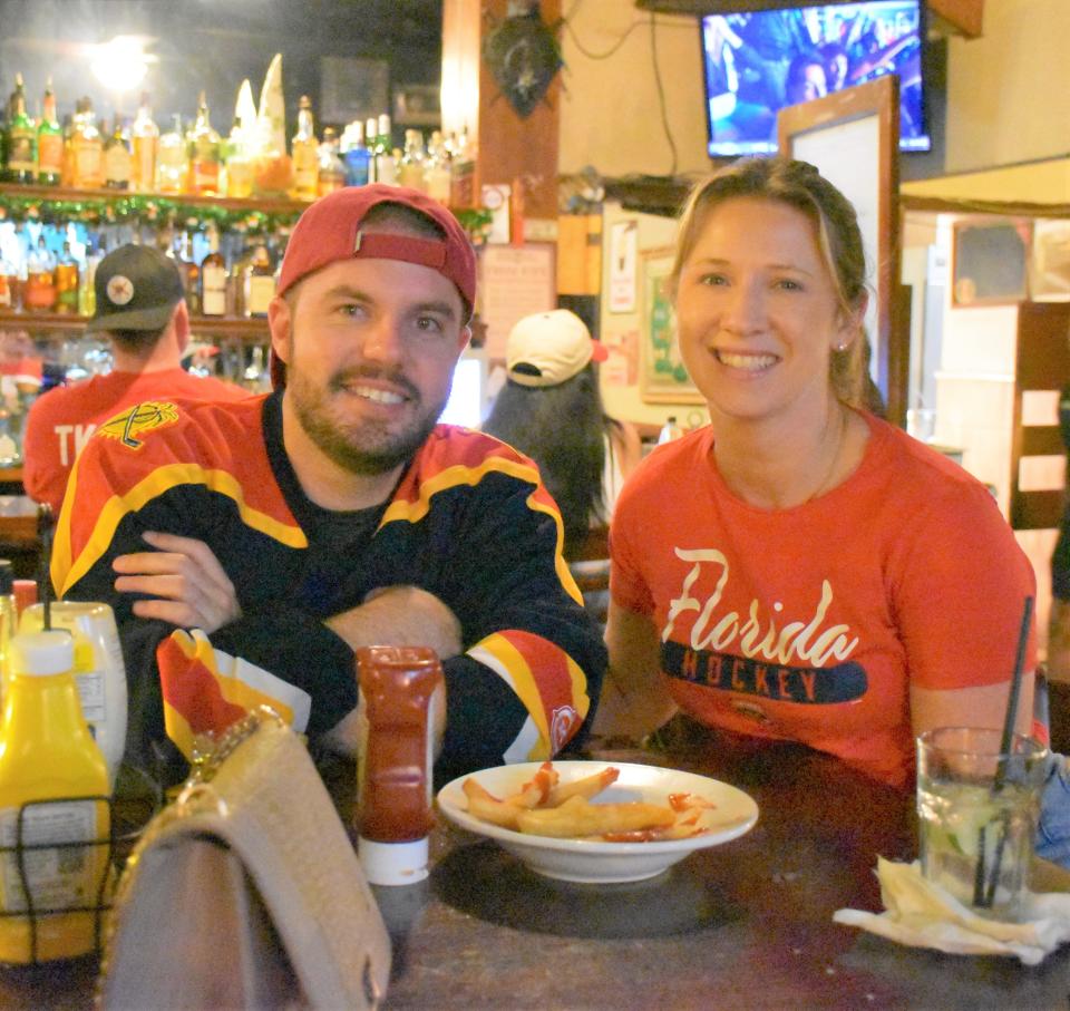 Florida Panthers fans Robert Doherty and Olivia Spivey joined the crowd at O'Shea's for Game 5.