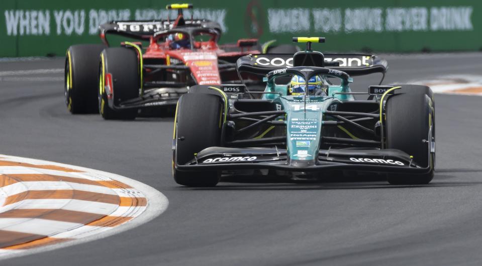 Spanish Formula One driver Fernando Alonso of Aston Martin makes his way around the circuit during the Formula One Miami Grand Prix at the Miami International Autodrome on Sunday, May 7, 2023, in Miami Gardens, Fla.(Matias J. Ocner/Miami Herald via AP)