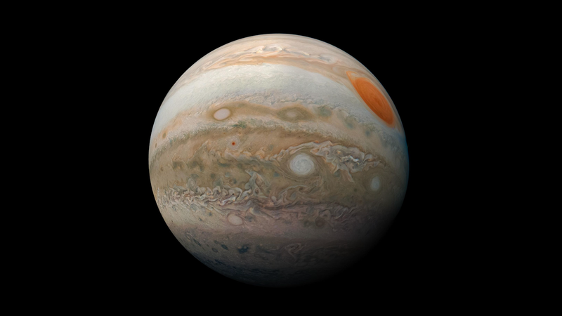 Jupiter as seen by Juno, its Great Red Spot visible at right. - Image: <a class="link " href="https://www.jpl.nasa.gov/images/pia22946-jupiter-marble" rel="nofollow noopener" target="_blank" data-ylk="slk:Enhanced image by Kevin M. Gill (CC-BY) based on images provided courtesy of NASA/JPL-Caltech/SwRI/MSSS.;elm:context_link;itc:0;sec:content-canvas">Enhanced image by Kevin M. Gill (CC-BY) based on images provided courtesy of NASA/JPL-Caltech/SwRI/MSSS.</a>