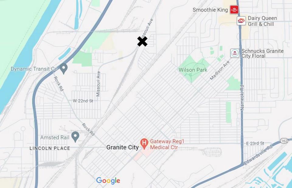 An X marks the approximate location where a Granite City girl was hit by a train while walking on railroad tracks in the 2900 block of Missouri Avenue. Serenity McMillan lost both her legs.