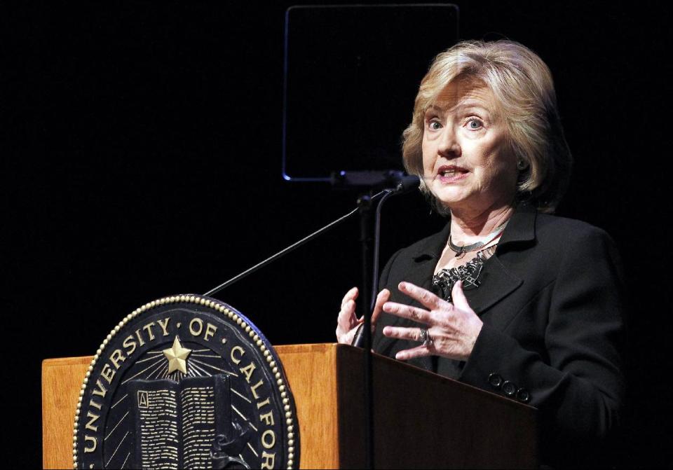 Former Secretary of State Hillary Rodham Clinton, a potential 2016 presidential candidate, uses a teleprompter as she speaks to students at the University of California Los Angeles, UCLA campus on the subject of leadership Wednesday, March 5, 2014, in Los Angeles. (AP Photo/Nick Ut)