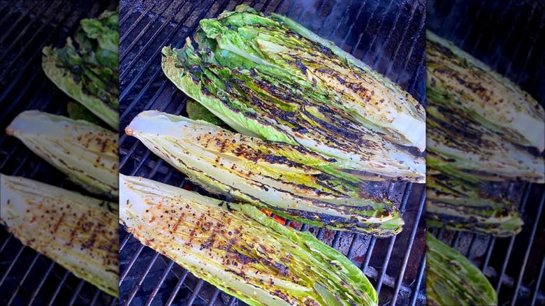 Romaine lettuce hearts on grill