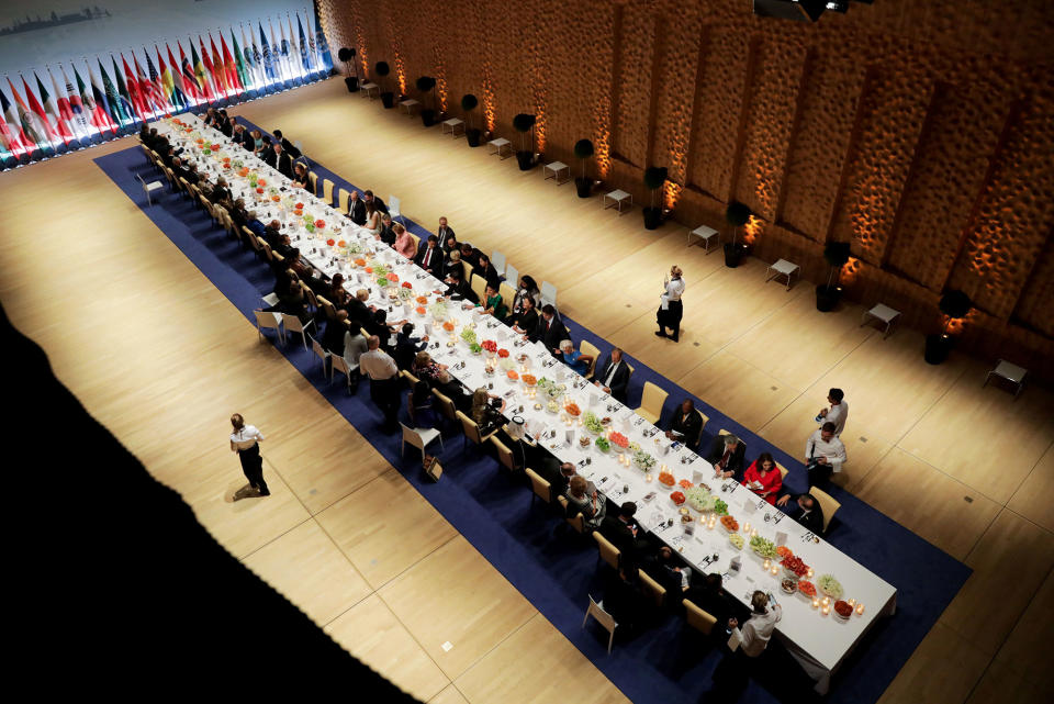 <p>Delegates attend the official dinner at the Elbphilharmonie Concert Hall during the G20 summit in Hamburg, Germany July 7, 2017. (Photo: Kay Nietfeld,Pool/Reuters) </p>