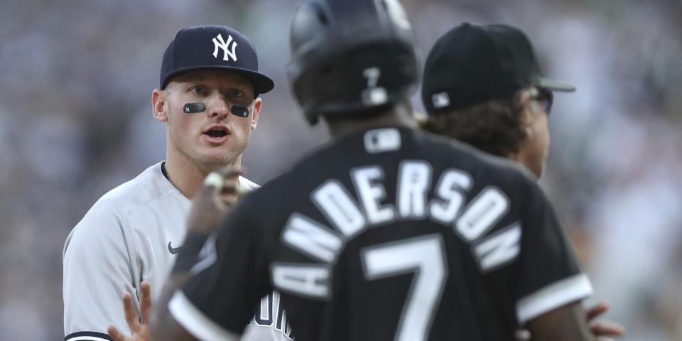 Josh Donaldson argues with Tim Anderson, whose back is to the camera, during a May 13, 2022 game.