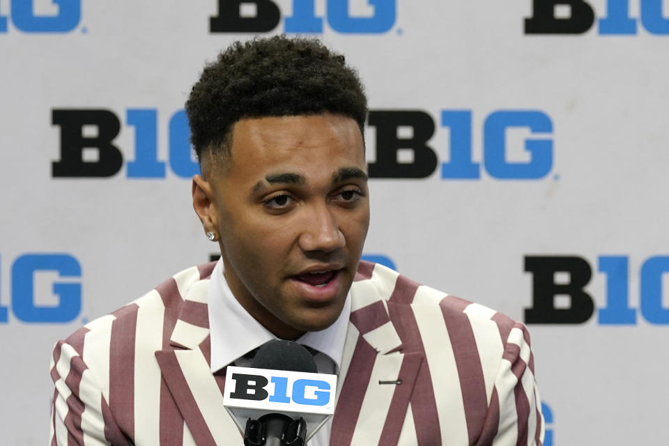 FILE - Indiana's Trayce Jackson-Davis speak to the media during Big Ten NCAA college basketball Media Days Tuesday, Oct. 11, 2022, in Minneapolis. Jackson-Davis was named to The Associated Press preseason All-America team Monday, Oct. 24, 2022. (AP Photo/Abbie Parr, File)