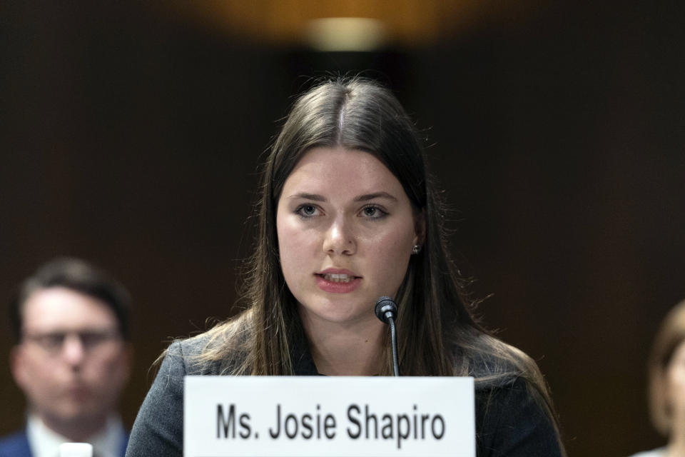 Josie Shapiro, a student at Lincoln High School, testifies before the Senate Judiciary Committee during a hearing on combating the rise of illegal electronic cigarettes, on Capitol Hill, Wednesday, June 12, 2024, in Washington. ( AP Photo/Jose Luis Magana)