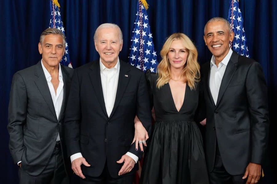 Clooney (from left) at a Hollywood fundraiser last month with Biden, actress Julia Roberts and former President Barack Obama. X/Chris Jackson