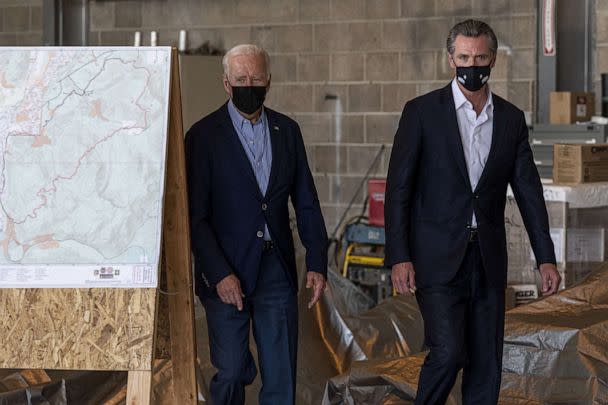 PHOTO: President Joe Biden, left and Gavin Newsom, governor of California, arrive to a news conference at Sacramento Mather Airport in Mather, Calif., Sept. 13, 2021. (David Paul Morris/Bloomberg via Getty Images, FILE)