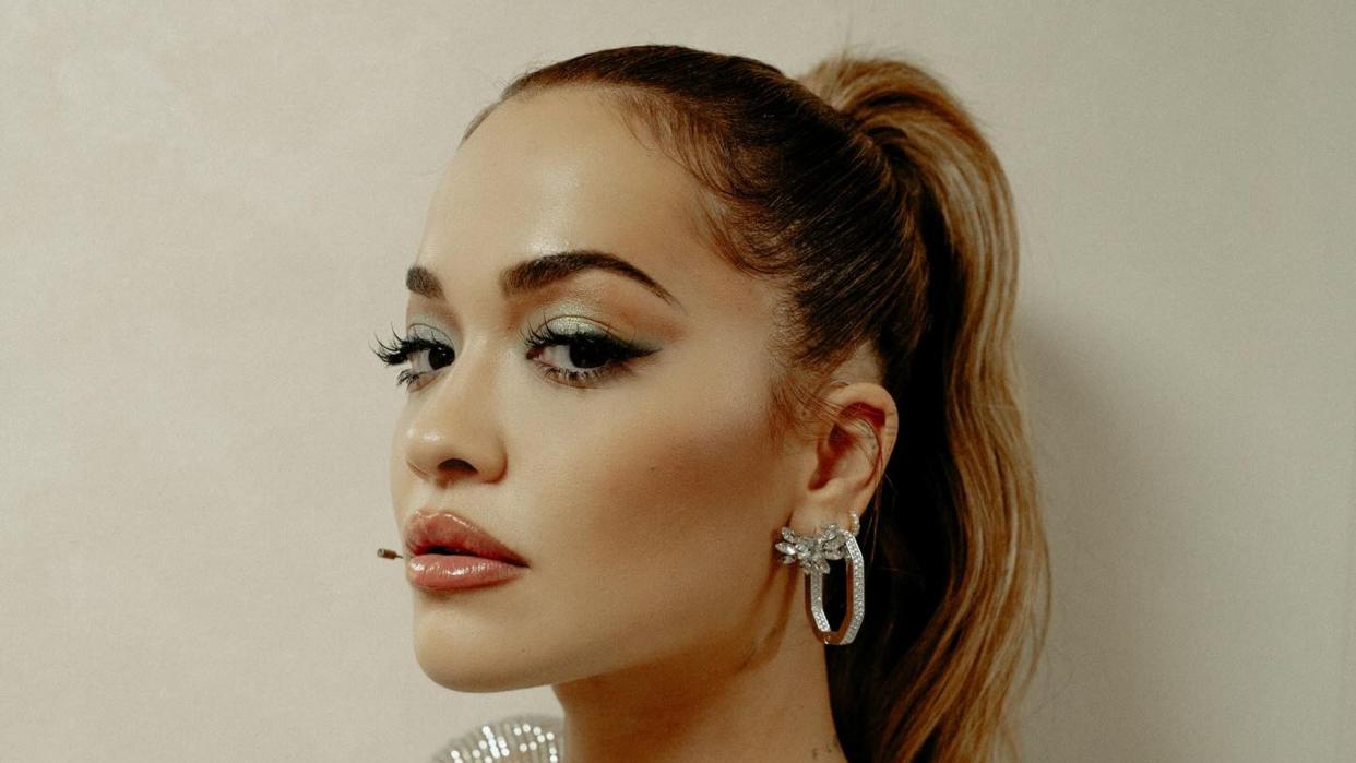 Rita Ora poses in a mesh top before a show